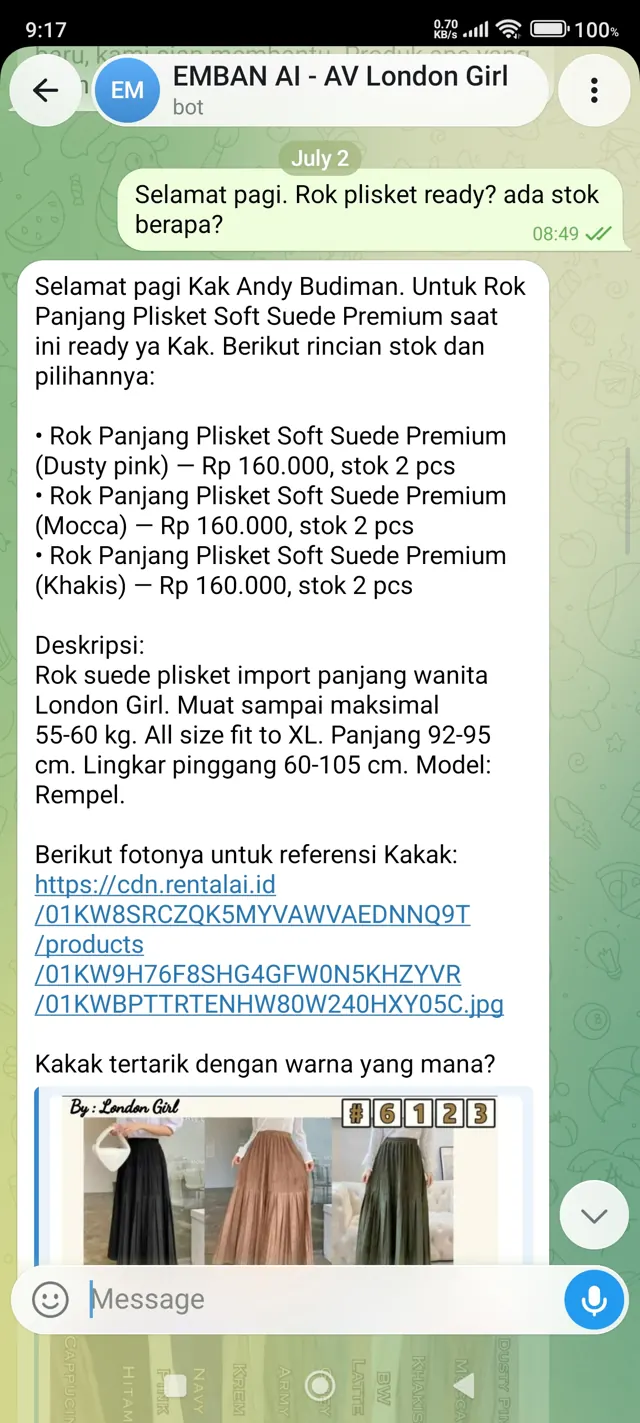 Percakapan nyata: pembeli menanyakan istilah produk dan Admin Toko AI menjelaskannya lengkap dengan detail produk