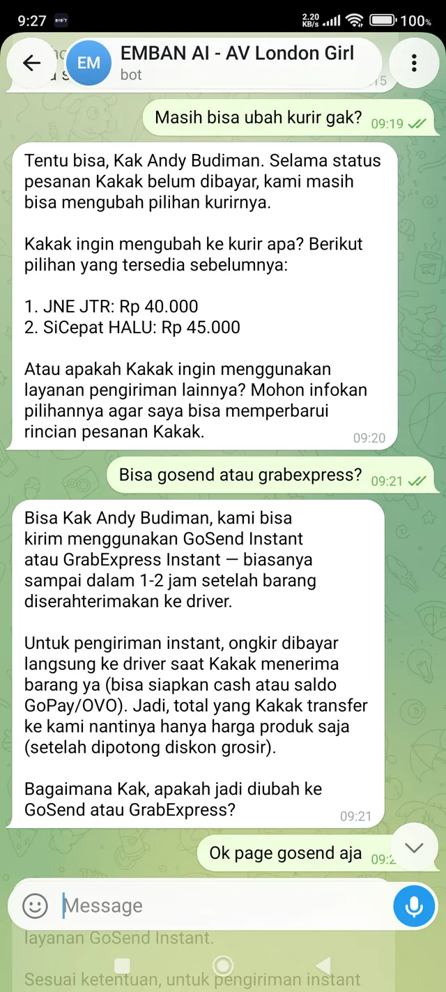 Percakapan nyata: pembeli dilayani Admin Toko AI sampai transaksi selesai